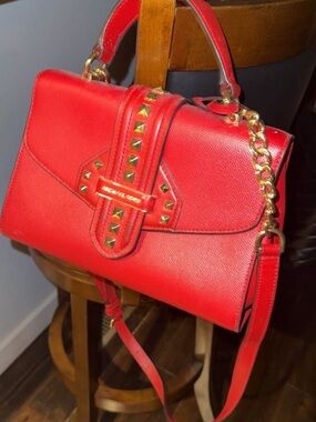 Michael Kors Red Saffiano Leather Stud-Accent Top-Handle Satchel